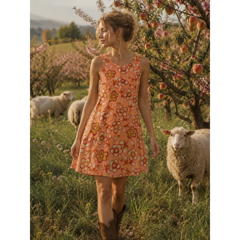 Vintage Floral Sleeveless Shift Dress Orange Pink Yellow Mini‎ A-Line 0931